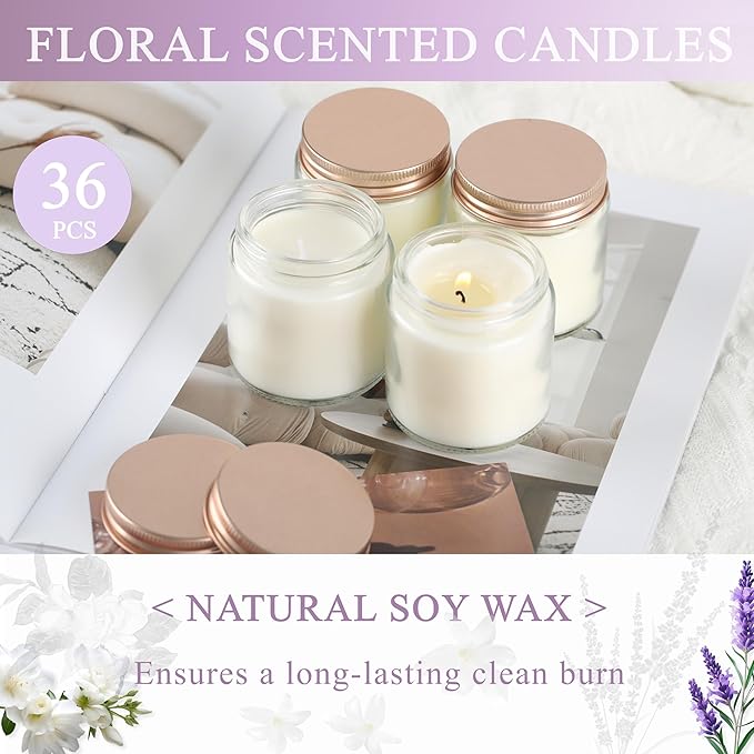 ACITHGL 36 Pcs 4oz Mini Mason Jar Candles Small Scented Candles Bulk Aromatherapy Ideal Souvenir Favors for Wedding Birthday Party (Freesia, Lavender, Jasmine, Pink)