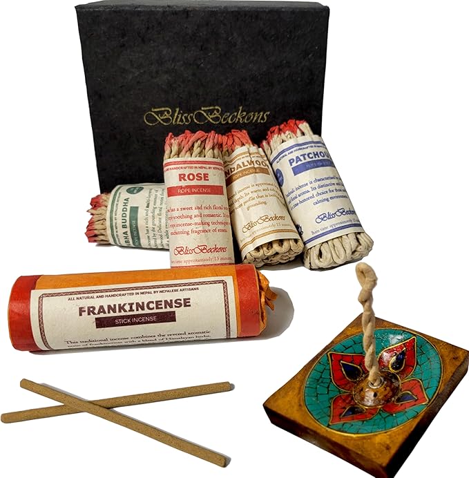 Handmade Tibetan Incense Gift Set – 150 pcs Incense Variety Pack: Frankincense, Patchouli, Sandalwood, Rose, Amitabha Buddha, Incense Holder, 4 Rope Bundles and 1 Stick Bundle