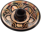NOVICA Artisan Handmade Ceramic Incense Holder Round Warm Hues Black Multicolor Peru 'Vics Spirit'