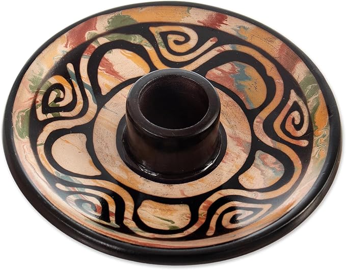 NOVICA Artisan Handmade Ceramic Incense Holder Round Warm Hues Black Multicolor Peru 'Vics Spirit'