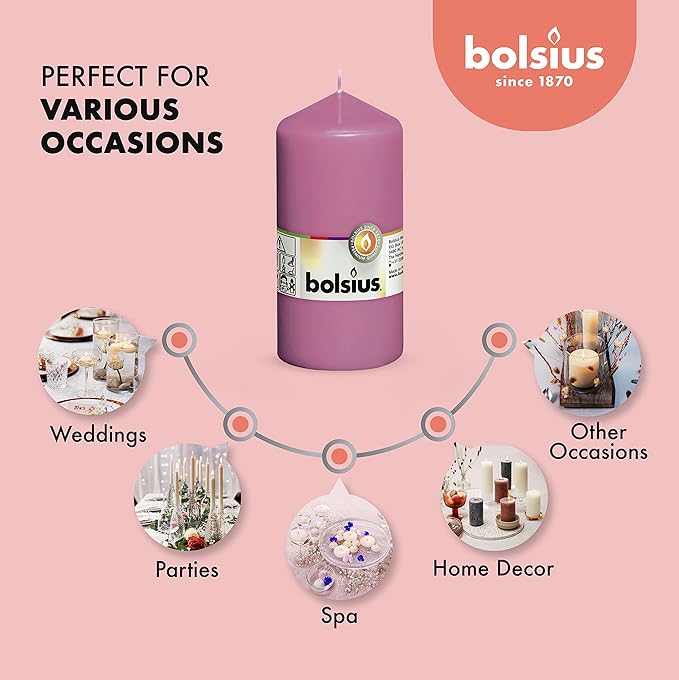 BOLSIUS 8 Pink Pillar Candles - 2.75 x 5 Inches - Premium European Quality - Individually Wrapped - 43 Hours Burn Time - Dripless & Smokeless - Unscented Dinner, Wedding, Party, & Restaurant Candles