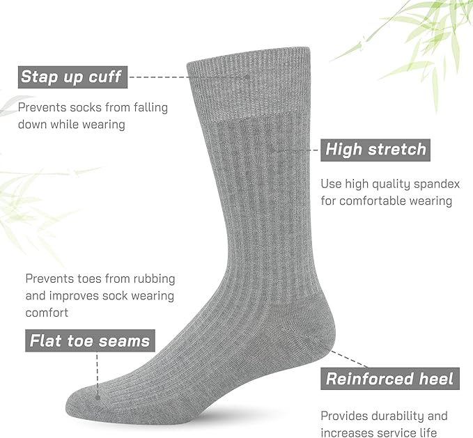 SERISIMPLE Men's Dress Socks - Bamboo Viscose Thin Ribbed Knit, Silky & Soft, Lightweight Business Crew Socks 5 Pairs