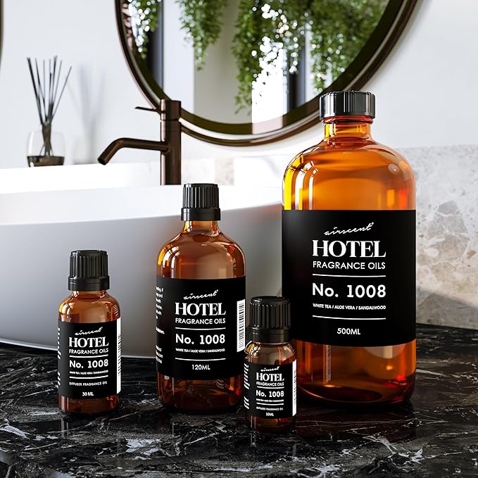 AirScent Hotel Diffuser Oil No. 1008 - White Tea, Aloe Vera & Sandalwood - Premium Fragrance Oil for Ultrasonic and Waterless Diffusers and Crafting - 500 mL, 16.9 fl oz Glass Dropper Bottle