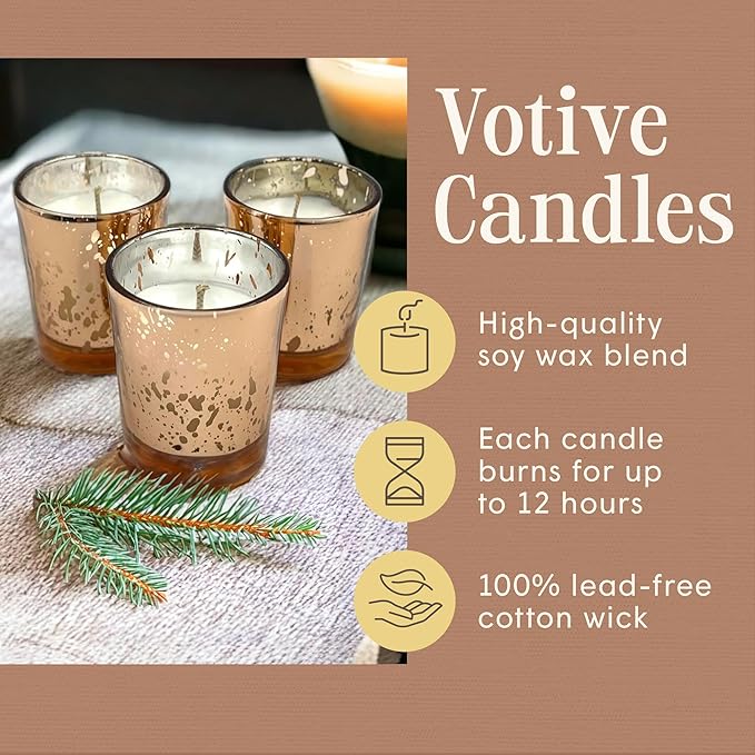 Mister Candle Pine Scented Holiday Votives Candles, Scented in Mini Artisan Rose Mercury Jars, Christmas Candles with Pine Mistletoe Essential Oils Hade Made in USA, 15 Hr Burn Time (Set of 12)