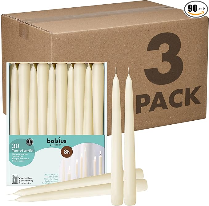 BOLSIUS Ivory Taper Candles - 3 Packs = Total 90 Candles - 8 Hours - Premium European Quality - Consistent Smokeless Flame - Unscented Dripless Candlesticks
