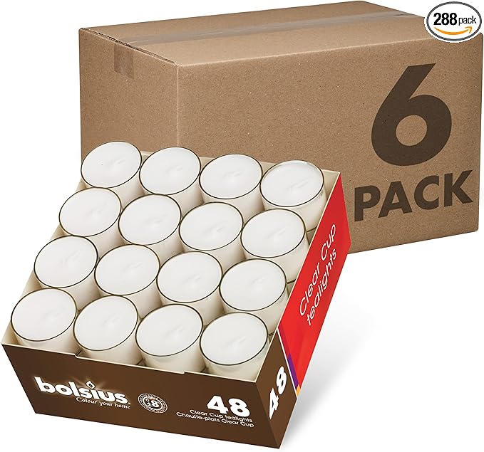 BOLSIUS Tea Light Candles in Clear Cups - Bulk Case of 6 Packs = Total 288 Candles - 8 Hours - Premium European Quality - Consistent Smokeless Flame - Unscented Tealights