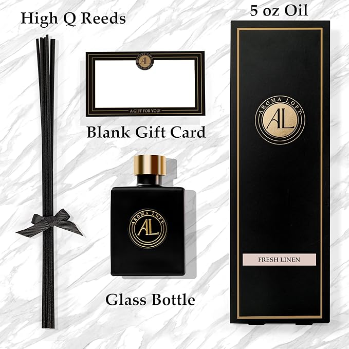 Fresh Linen Reed Diffuser Set - Oil Room Scent Sticks - Non-Toxic Bathroom Diffuser with 5oz Oil - Black Reed Diffusers for Home & Office - Elegant Scented Sticks for Desk