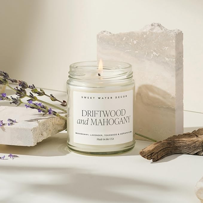 Sweet Water Decor Driftwood and Mahogany Soy Candle - Warm Mahogany, Fresh Lavender, Geranium, and Teakwood Scented Candles for Home - 9oz Clear Jar + Gold Lid, 40+ Hour Burn Time, Made in The USA