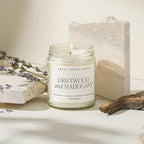 Sweet Water Decor Driftwood and Mahogany Soy Candle - Warm Mahogany, Fresh Lavender, Geranium, and Teakwood Scented Candles for Home - 9oz Clear Jar + Gold Lid, 40+ Hour Burn Time, Made in The USA