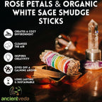 Rose Petals & Organic White Sage Smudge Sticks with Flowers for Cleansing Home, Meditation, Yoga, Healing and Smudging | Sustainably Sourced California White Sage Bundles (12 Pack - 4 Inch)