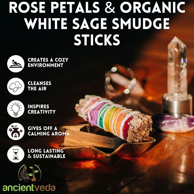 ANCIENT VEDA 3 Pack Rose Petals & Organic 4 Inch White Sage Smudge Sticks with Flowers for Cleansing Home, Meditation, Yoga, Healing & Smudging | Sustainably Sourced California White Sage Bundles