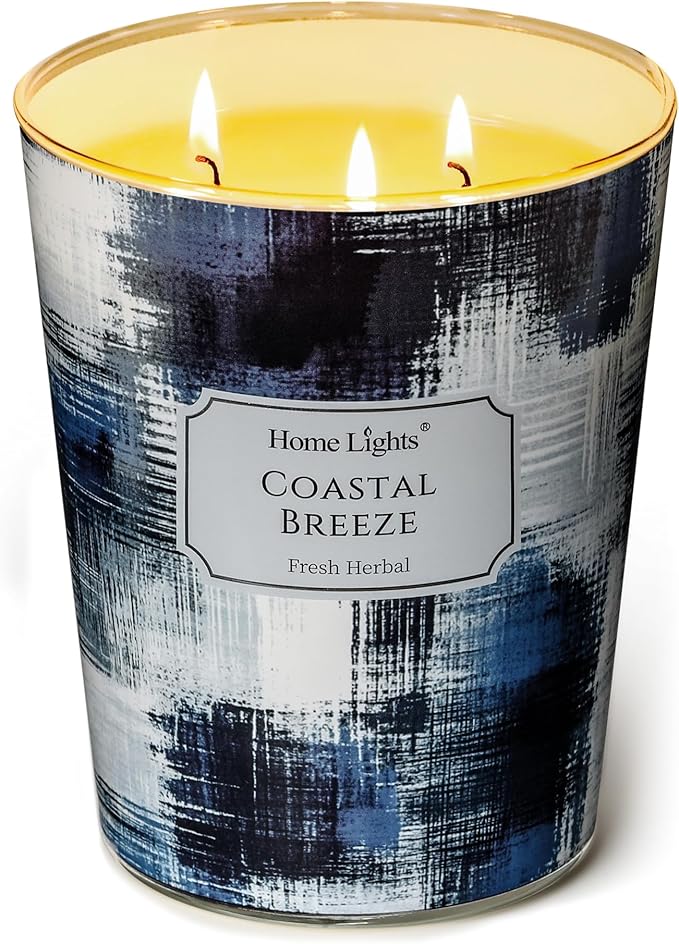 HomeLights Large jar Candle | 3-Wick Long-Lasting Scented Candles, 34oz Natural Soy Wax Candle for Home Scented, Scandinavian Minimalist Design Gifts for Women & Men, Coastal Breeze