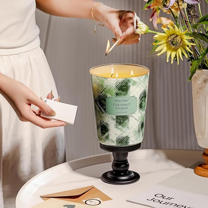 HomeLights 3-Wick Candles for Home Scented - 34oz Soy Wax Blend Candle Long-Lasting Fragrance, Scandinavian Minimalist Design Home Decor and Housewarming Gifts, Coconut Island