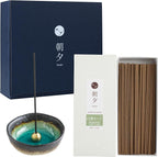 Asayu Japan Traditional Smoke Incense Gift Set with Incense Holder and Brass Stand, Sandalwood & White Sage Blend Incense Sticks with Mini Aquamarine Ceramic Holder