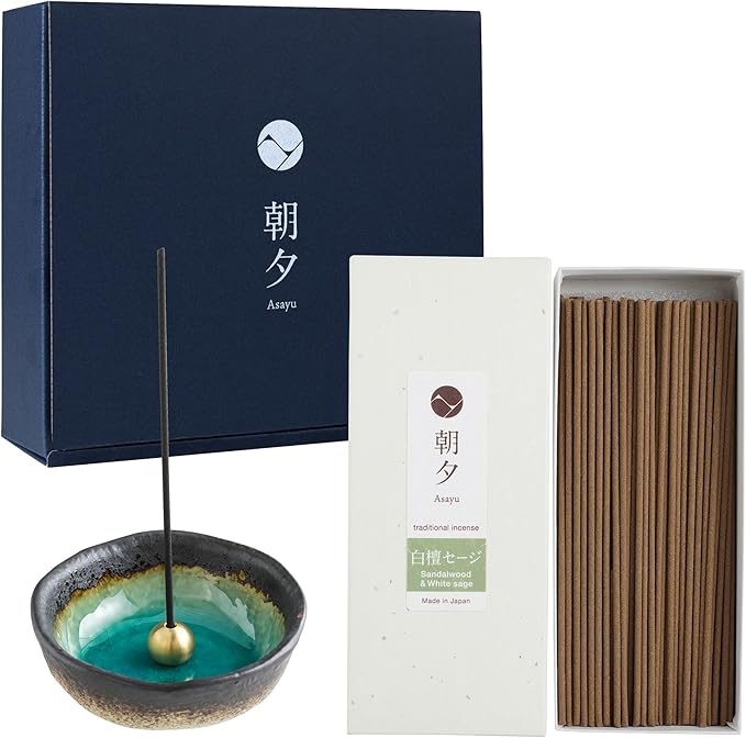 Asayu Japan Traditional Smoke Incense Gift Set with Incense Holder and Brass Stand, Sandalwood & White Sage Blend Incense Sticks with Mini Aquamarine Ceramic Holder