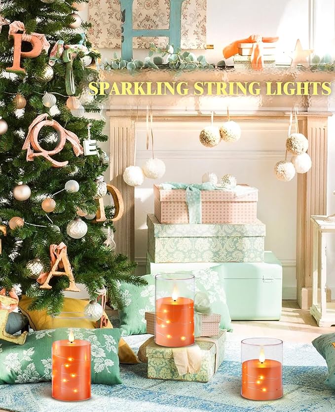 Flashing Flameless Candles with String Light, Battery Powered Candle, Recessed String LED Candle, Indestructible Plexiglass Candles with Remote Control, Set of 3, Orange