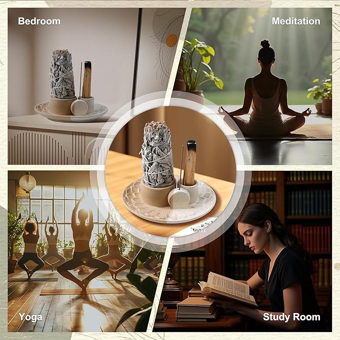 4 in 1 Incense Holder, Ceramic Incense Stick and Palo Santo Holder,Sage Holder for Burning- 5.5" Ceramic Ash Catcher Tray for Meditation and Yoga Room (Sand)
