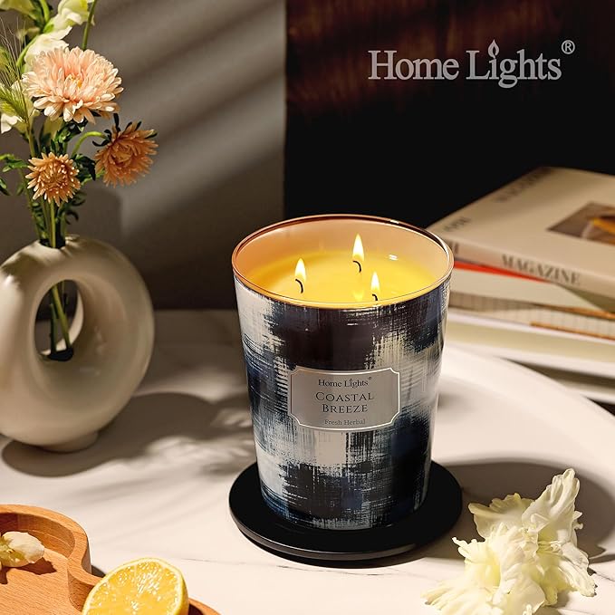HomeLights Large jar Candle | 3-Wick Long-Lasting Scented Candles, 34oz Natural Soy Wax Candle for Home Scented, Scandinavian Minimalist Design Gifts for Women & Men, Coastal Breeze
