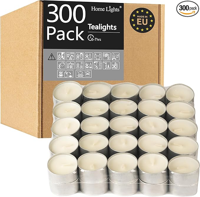 HomeLights Unscented White Tealight Candles -300 Packs, 6 to 7 Hour Burn Time Smokeless, Mini Votive Paraffin Candles with Cotton Wicks for Shabbat, Weddings, Christmas