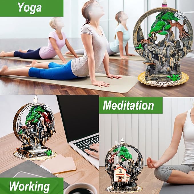 Mountain Waterfall Incense Burner，Backfall Incense Holder River, Incense Falls Meditation Decor for Room with Upgrade Incense Cones and Accessories (Chimney)