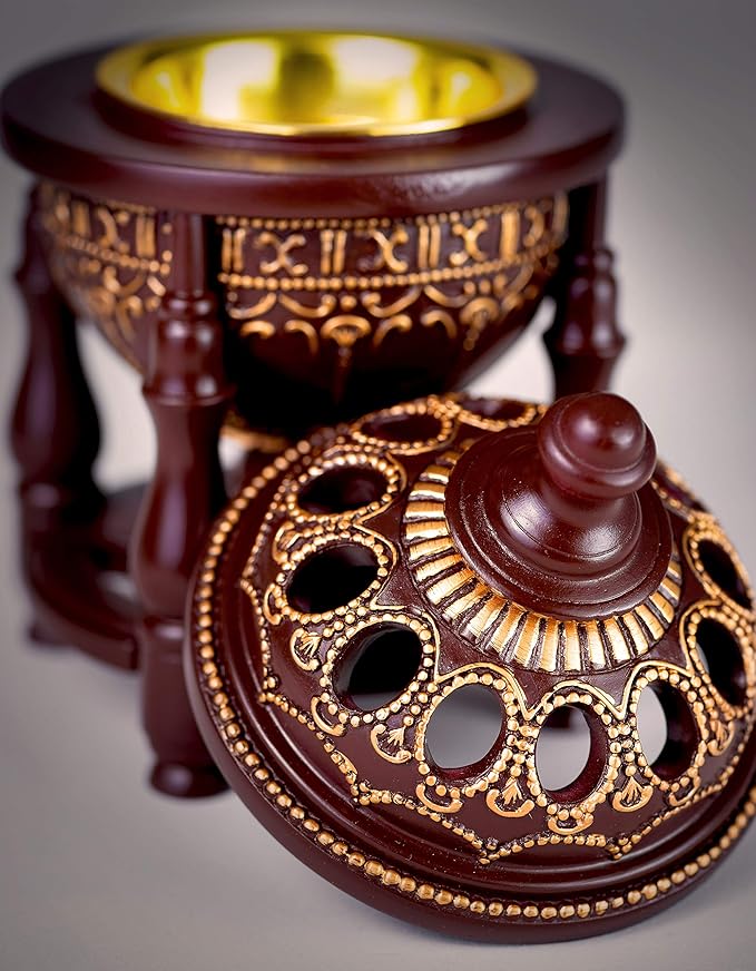 AM Charcoal Incense Burner - Bakhoor Burner, Oud Frankincense Resin Burner for Office & Home Decor - Lavish 4 Pillar (Brown)