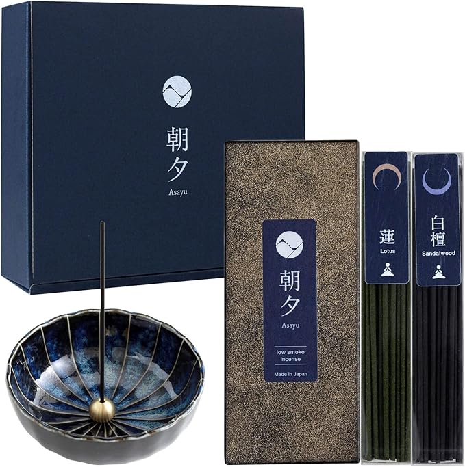 Asayu Japan Low Smoke Incense Gift Set with Incense Holder and Brass Stand, Premium Yoga Set (Lotus & Sandalwood) Incense Sticks with Navy Blue Lotus Holder