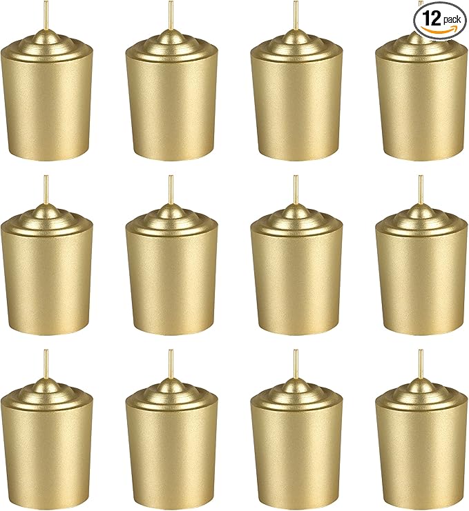 Mega Candles 12 pcs Unscented Gold Votive Candles, Hand Poured Wax Candle 15 Hours 1.5 Inch x 2.25 Inch, Home Décor, Wedding Receptions, Centerpieces, Occasions, Events, Meditations, Holders