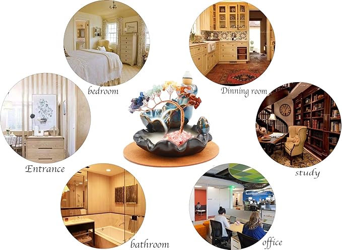 Chakras Backflow Incense Burner, Crystal Tree Incense Waterfall Fountain, Cone Incense Holde, Living Room Shelf Aesthetic Decor