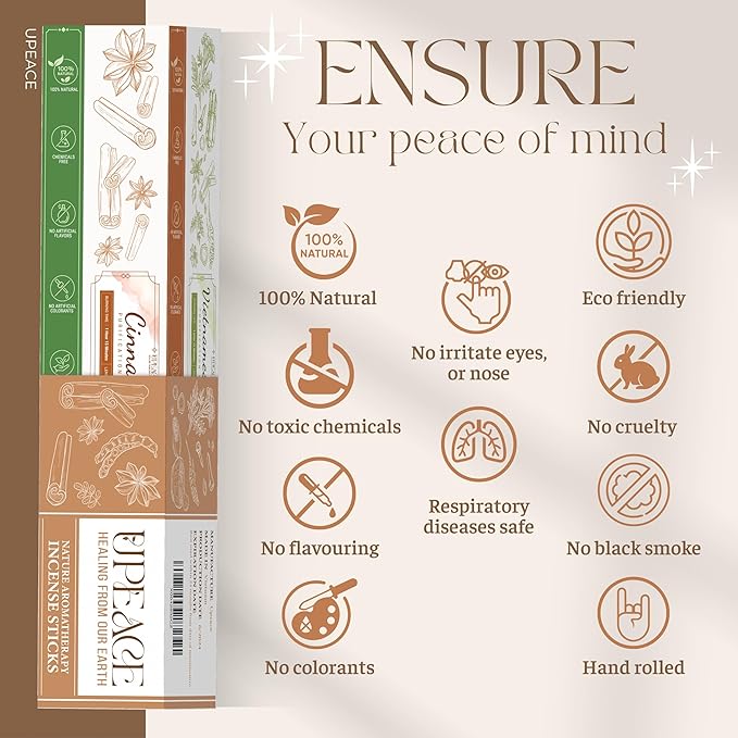 Upeace-Organic-Non-Toxic-Incense-Sticks-Variety Pack (131 Agarbatti Sticks) | 75 Minutes Long Lasting Burn with Natural Cinnamon, Eucalyptus, Vetiver, Vietnamese Mixture Herbs