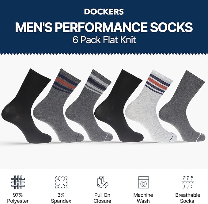 DOCKERS Men's Performance Socks - 3-Pairs and 6-Pairs Athletic and Dress Crew Socks for Men