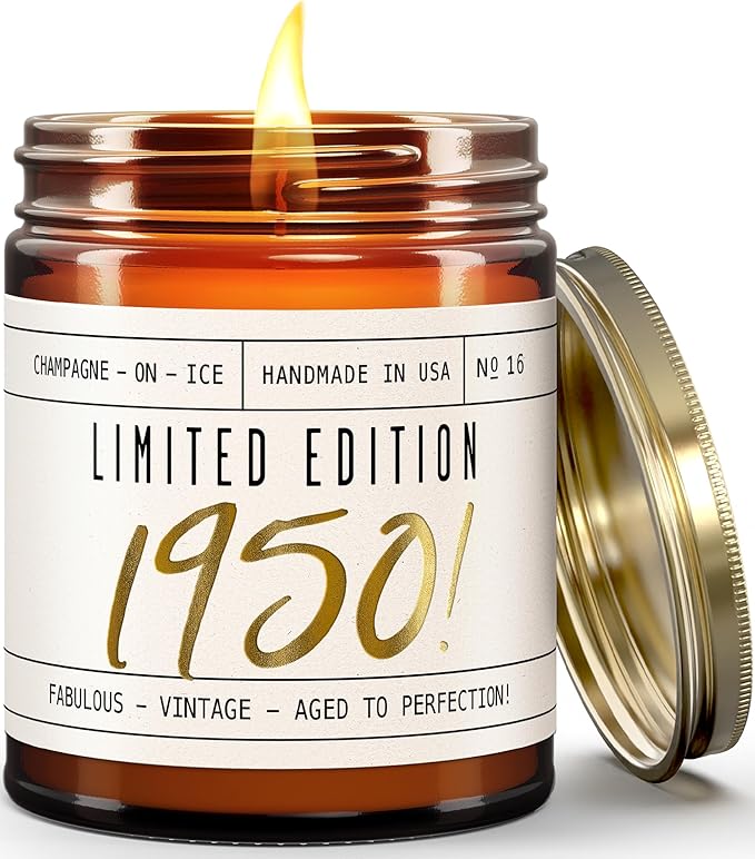 75th Birthday Gifts for Girls - 'Limited Edition 1950' Soy Candle, w/Champagne on Ice I 75 Birthday Gifts for Women I 75th Gift for Her Ideas I 9oz Reusable Jar, 50Hr Burn, Made in USA