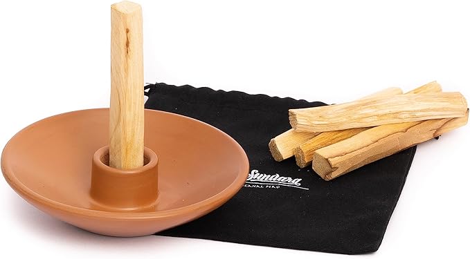 Luna Sundara Authentic Peru Pottery Palo Santo Holder and Incense Holder - Handmade Ceramic Smudge Bowl With 5 Palo Santo Sticks (Brown)