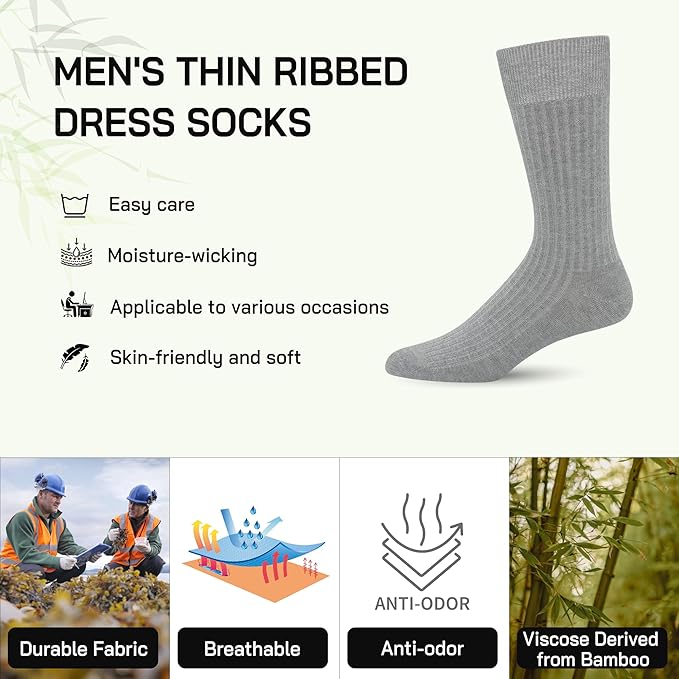 SERISIMPLE Men's Dress Socks - Bamboo Viscose Thin Ribbed Knit, Silky & Soft, Lightweight Business Crew Socks 5 Pairs