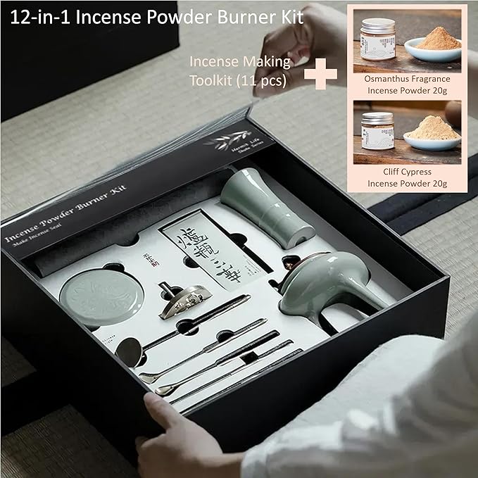 Celadon Incense Powder Burner Set - Making Incense Seal with 12pcs Toolskit, Three-Legged Incense Holder for Powder/Stick/Cone/Coil, Gift for Women, Deluxe Incense Burner Gift