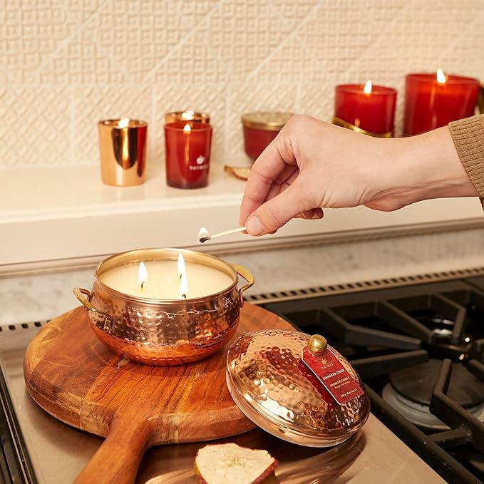 Thymes Simmered Cider Copper Candle - Warm & Spicy Apple Scented Candles for Home - Notes of Apple, Clove, and Cardamom - Luxury Gifts for Women - Fall Decor - 3 Wick (Copper Pot, 18 oz)
