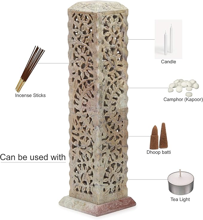 Carry Me Handmade Marble Soapstone Incense Stick Burner | Candle Stick Holder | Tea Light Burner - Perfect Floral Carving for Gifting. Decorative Home and Kitchen Decor (3 x 3 x 11 Inches)