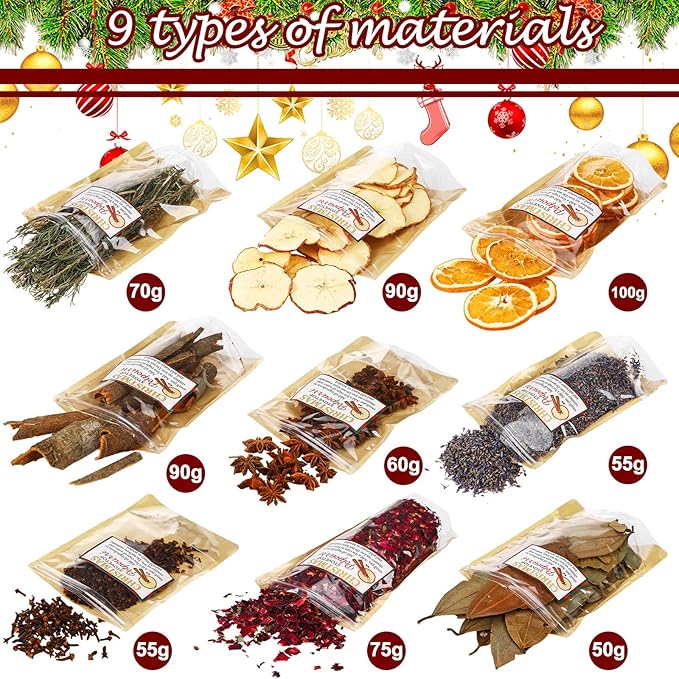 Loopeer 9 Pack Potpourri Simmer Kit 645g DIY Christmas Stovetop Potpourri with Card Transparent Bag Tag Xmas Scent Winter Stovetop Simmering Ingredients for Home Fragrance Housewarming Hostess Gift
