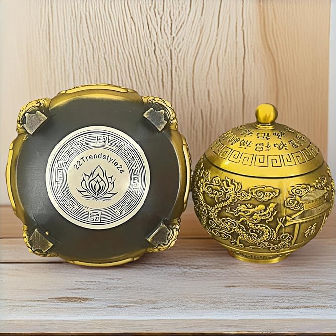 Spinning Chinese Brass Incense Burner with Lid - 1027g Solid Brass Dragon Lion Feng Shui Censer, 3.5 Inch Mouth for Sage and Cones, 4.7x4.7x6.3 Inch Natural Brass Altar Decor