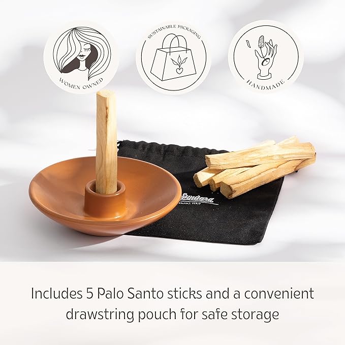 Luna Sundara Authentic Peru Pottery Palo Santo Holder and Incense Holder - Handmade Ceramic Smudge Bowl With 5 Palo Santo Sticks (Brown)