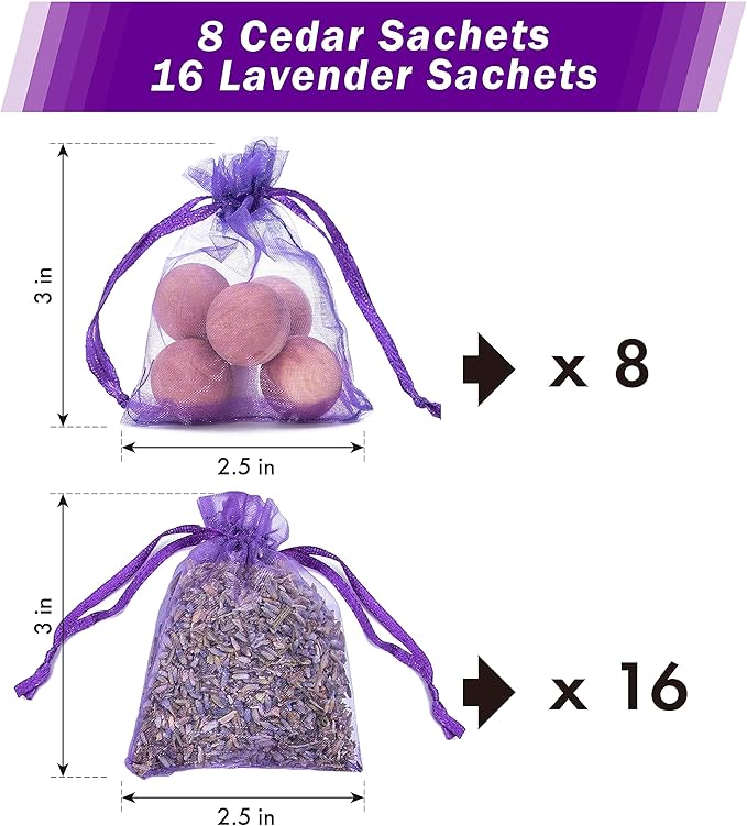 Pack of 24 Lavender Cedar Sachets Bag - 16 Lavender, 8 Cedar for Closet, Drawer, Dresser, Wardrobe and More, LV-D-LC-1