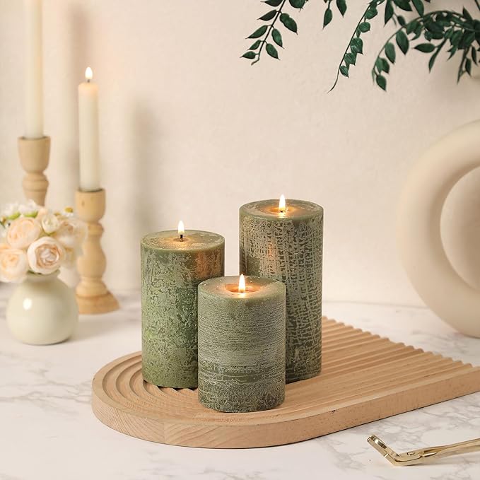 Moss Green Pillar Candles Set of 3 - Hand-Poured Unscented Candles,Smokeless Dripless Candles for Dinner Table and Home, Set of 3 in Different Sizes (3"x4", 3"x5", 3"x6")