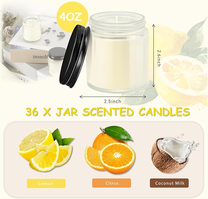 ACITHGL 36 Pcs 4oz Mini Mason Jar Candles Small Scented Candles Bulk Aromatherapy Ideal Souvenir Favors for Wedding Birthday Party (Lemon, Citrus, Coconut Milk, Black)