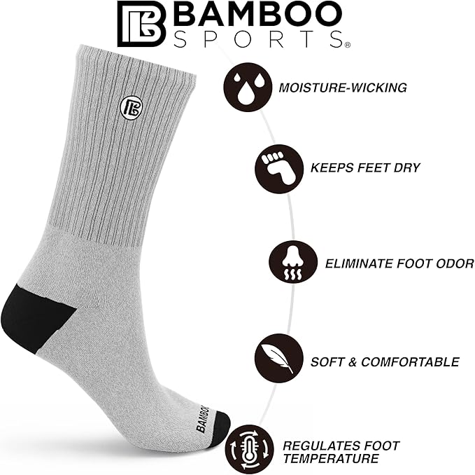 Bamboo Sports Premium Bamboo Crew Work Socks- Moisture Wicking, Odor Eliminating