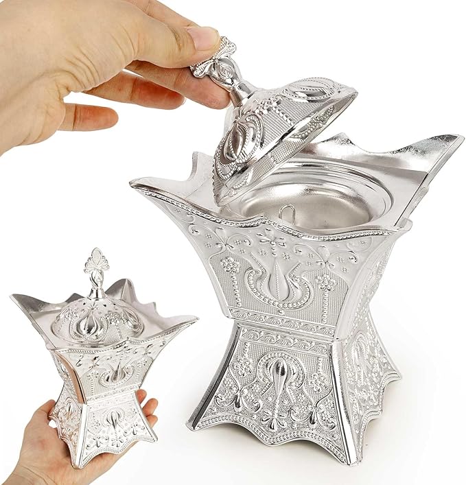Bakhoor Incense Burner, Charcoal Incense Burner - for Yoga, Spa Aromatherapy, Office & Home Decor, Trophy Shape (Silver)