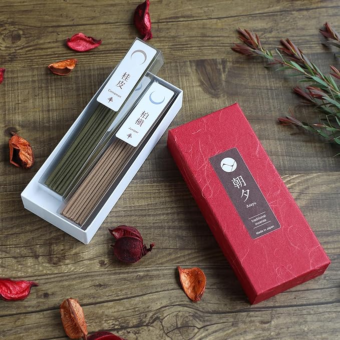 Asayu Japan Traditional Incense Sticks - Harmony Set (Cinnamon + Juniper), 40gr (Each Scent 20g), for Yoga, Zen Meditation and Relaxation - Traditional Smoke Type