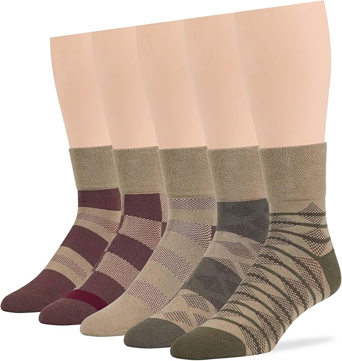 7BIGSTARS KINGDOM Men's Diabetic Loose Cotton Quarter Socks - 5 Pack - Geometric, Stripe Pattern - Sock Size 10-13 Shoe Size 9-12 L Khaki, Brown, Olive Green