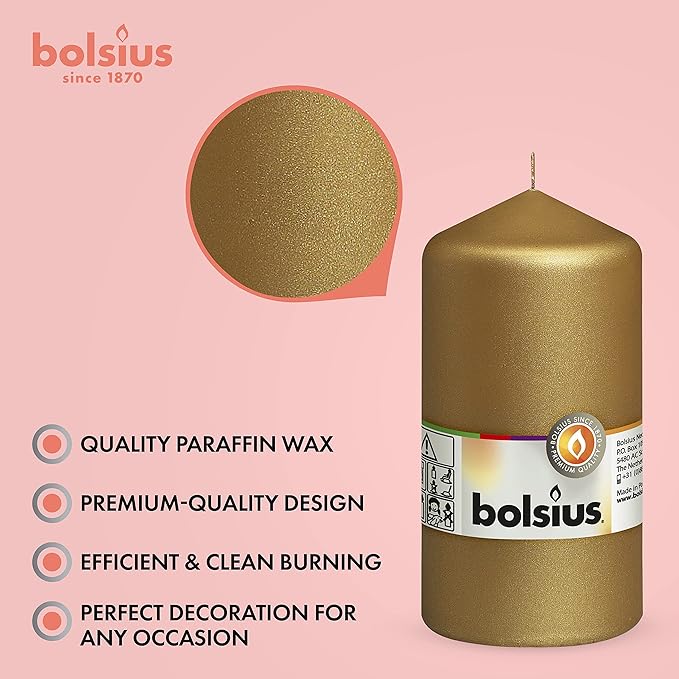 BOLSIUS 8 Gold Pillar Candles Metallic - 2.75 x 5 Inches - Premium European Quality - Individually Wrapped - 43 Hours Burn Time - Dripless & Smokeless - Unscented Dinner, Wedding & Home Decor Candles