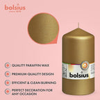 BOLSIUS 8 Gold Pillar Candles Metallic - 2.75 x 5 Inches - Premium European Quality - Individually Wrapped - 43 Hours Burn Time - Dripless & Smokeless - Unscented Dinner, Wedding & Home Decor Candles