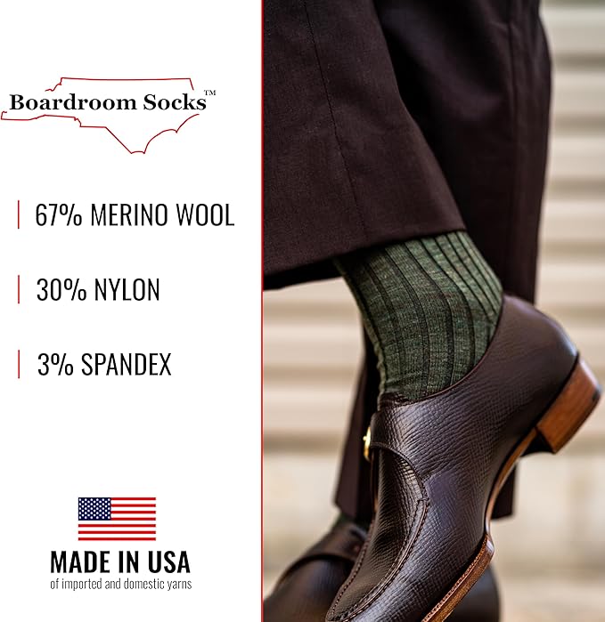 Merino Wool Mid-Calf Dress Socks for Men, Ribbed Dress Socks