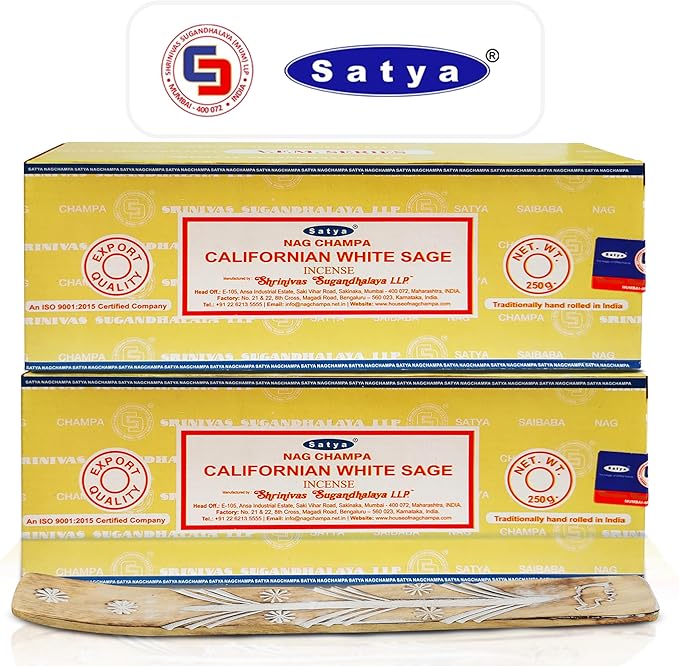 Satya Californian White Sage Incense Sticks 250 gmx 2 Pack (500 GMS), Insenses with Raajsee Insence Holder Bundle, Nag Champa Natural Incense